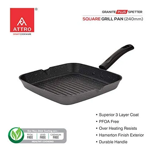 Attro Non-Stick Aluminium Gas Compatible Grill Pan, 24 Cm, Spatter Finish, Marble Grey