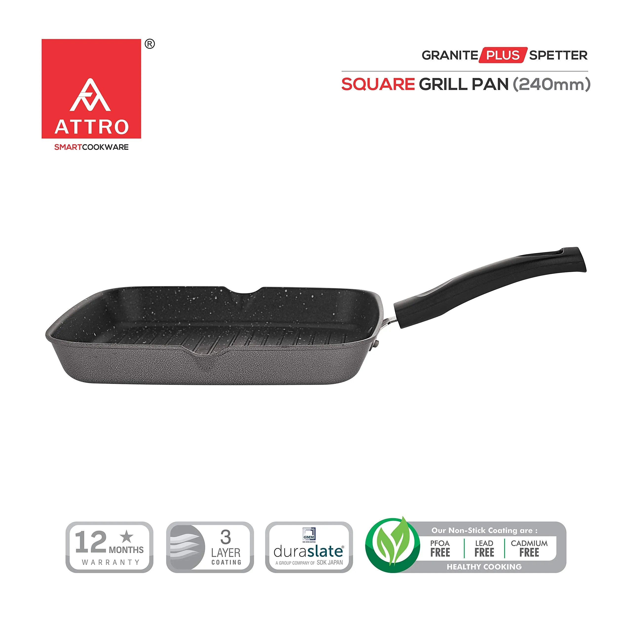 Attro Non-Stick Aluminium Gas Compatible Grill Pan, 24 Cm, Spatter Finish, Marble Grey