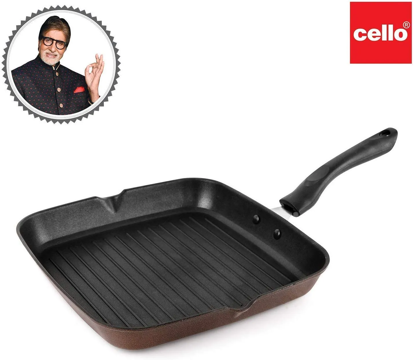 Cello Aluminium Non Stick Grill Pan Square Black- Gas Stove Compatible Only , Maroon