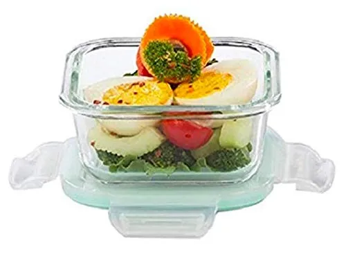 HOMIES , Set of 3, Square glass Storage/Serving Bowl Set lunch tiffin box with Clamp Glass lid and Insulated Bag, Microwave & Oven Safe, 320 ml