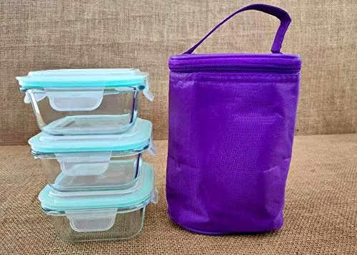 HOMIES , Set of 3, Square glass Storage/Serving Bowl Set lunch tiffin box with Clamp Glass lid and Insulated Bag, Microwave & Oven Safe, 320 ml