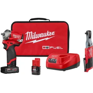 Milwaukee 2554-22 & 2557-20 M12 FUEL Lithium-Ion Cordless 3/8" Stubby Impact Wrench & Ratchet Combo