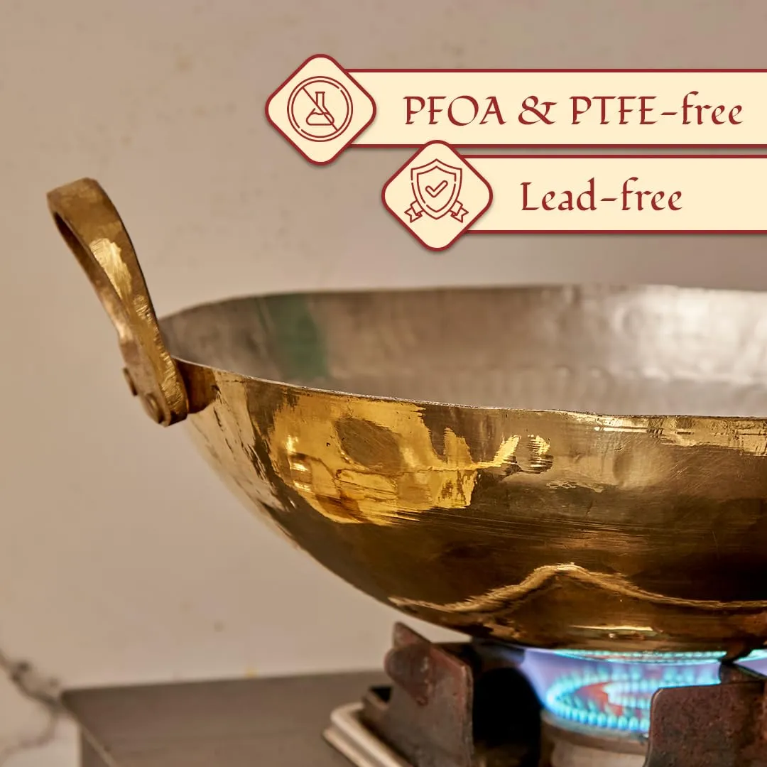 P-TAL Brass Kadhai 1 litre with Lid Teflon Free Naturally Non Stick Brass Kadai for Cooking with Tin Coating Handcrafted Ptal Brass Utensils for Kitchen (9 x 9 x 3 in)