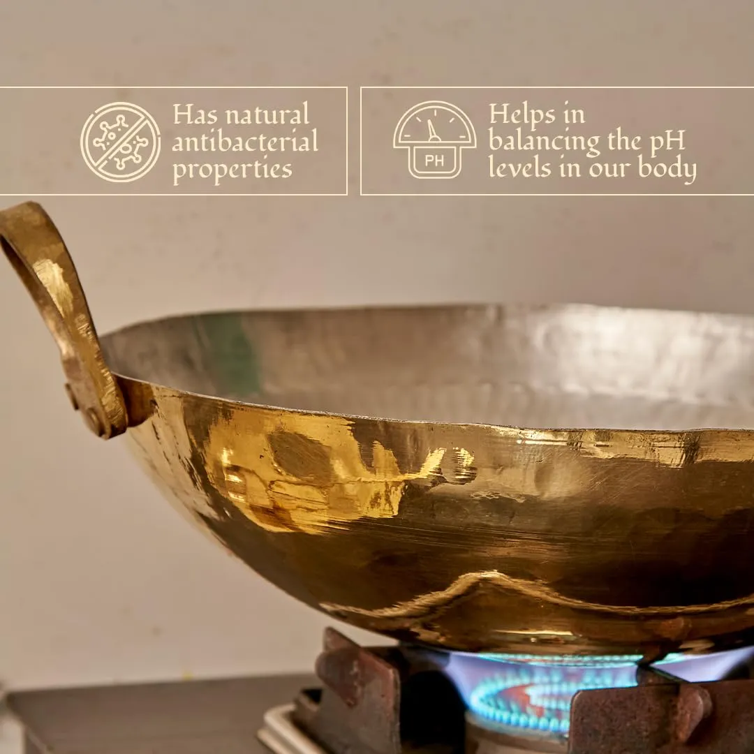 P-TAL Brass Kadhai 1 litre with Lid Teflon Free Naturally Non Stick Brass Kadai for Cooking with Tin Coating Handcrafted Ptal Brass Utensils for Kitchen (9 x 9 x 3 in)