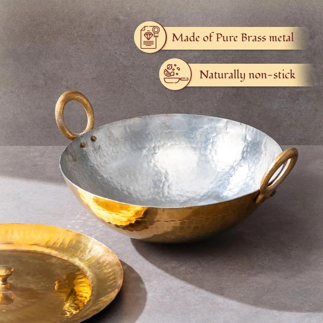 P-TAL Brass Kadhai 1 litre with Lid Teflon Free Naturally Non Stick Brass Kadai for Cooking with Tin Coating Handcrafted Ptal Brass Utensils for Kitchen (9 x 9 x 3 in)