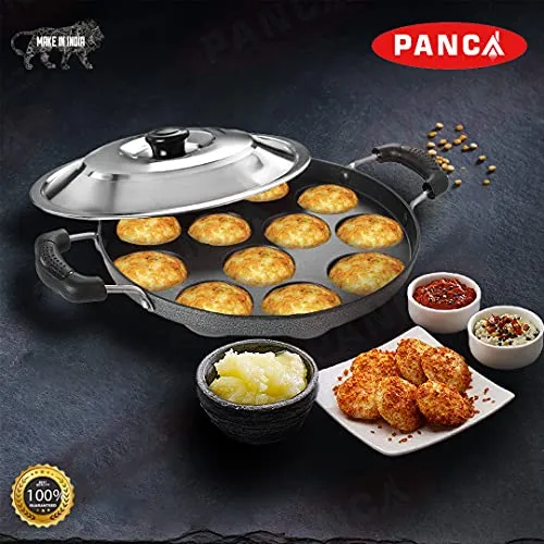 PANCA Appam Pan with Lid Appam Maker 12 Cavity Appam Chatty Appam Pan Aluminium, Appam Kadai Non Stick with Lid, Grey