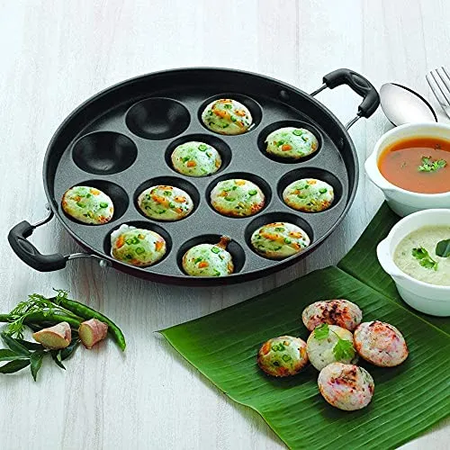 PANCA Appam Pan with Lid Appam Maker 12 Cavity Appam Chatty Appam Pan Aluminium, Appam Kadai Non Stick with Lid, Grey