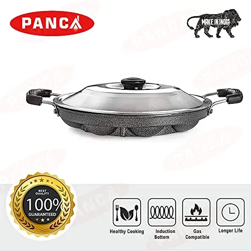 PANCA Appam Pan with Lid Appam Maker 12 Cavity Appam Chatty Appam Pan Aluminium, Appam Kadai Non Stick with Lid, Grey