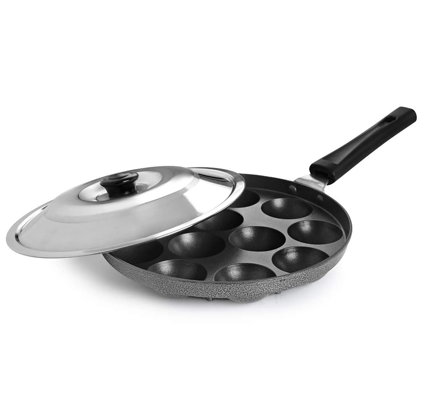 PANCA Non-Stick 12 Cavity Appam Patra Single Handle with Stainless Steel Lid, Aluminium Appam Maker, Panayirakal- Grey