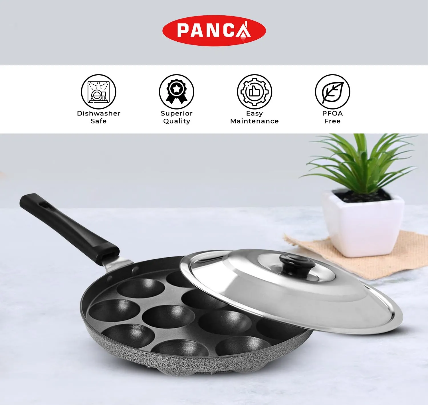 PANCA Non-Stick 12 Cavity Appam Patra Single Handle with Stainless Steel Lid, Aluminium Appam Maker, Panayirakal- Grey