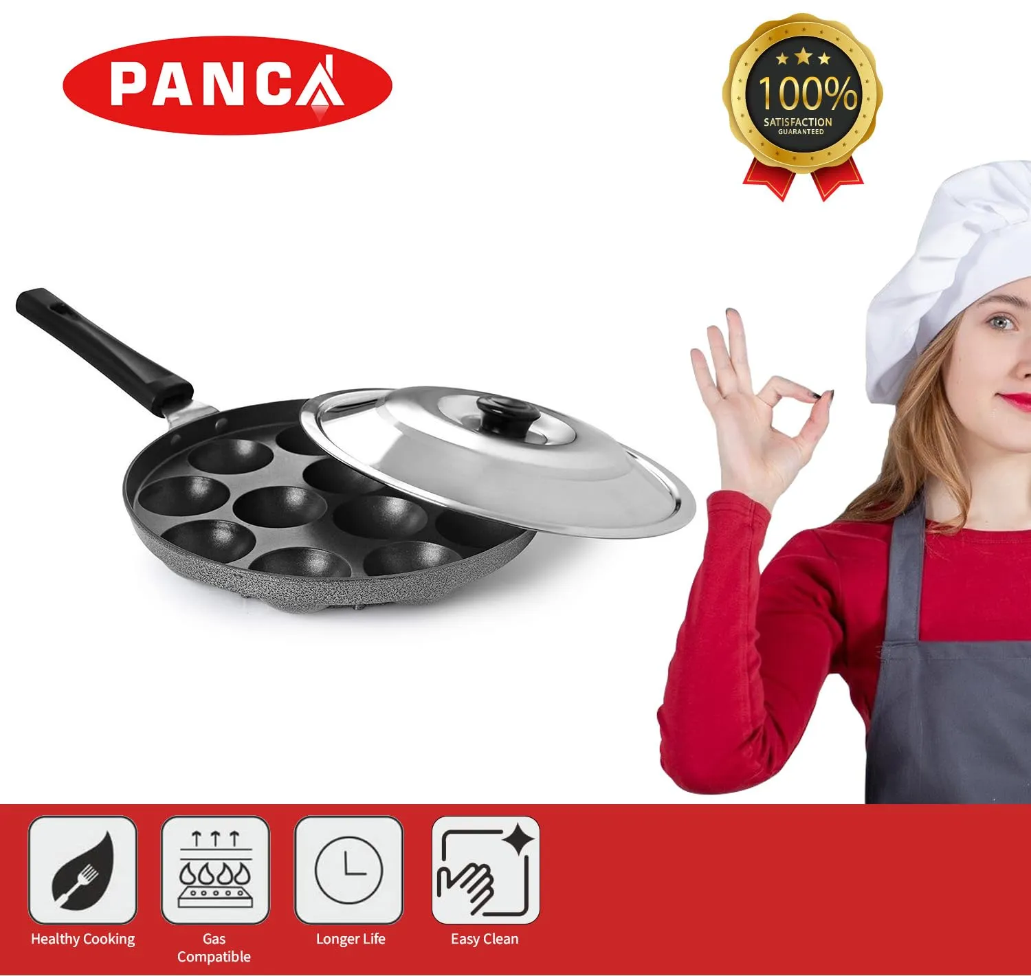 PANCA Non-Stick 12 Cavity Appam Patra Single Handle with Stainless Steel Lid, Aluminium Appam Maker, Panayirakal- Grey