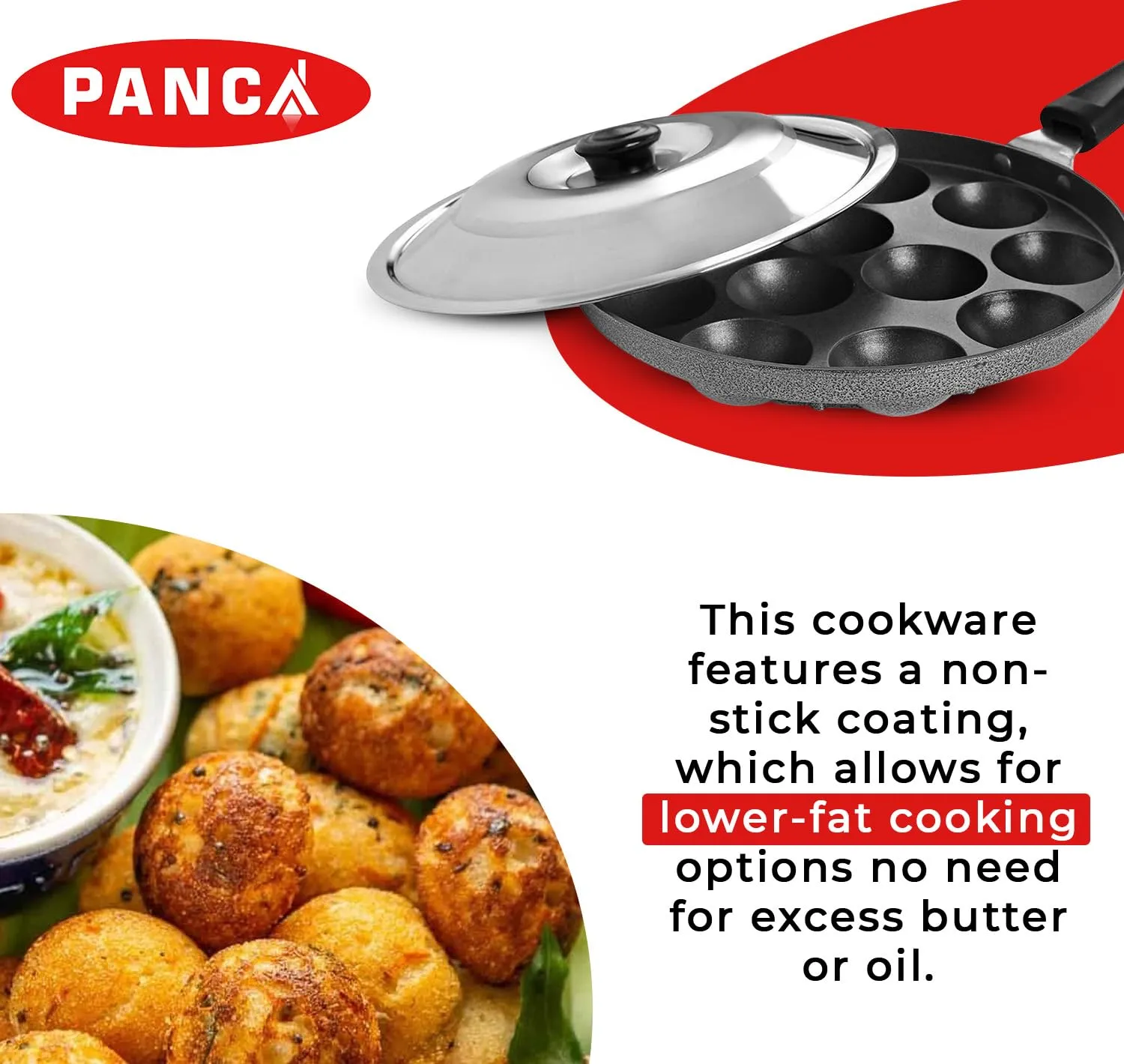 PANCA Non-Stick 12 Cavity Appam Patra Single Handle with Stainless Steel Lid, Aluminium Appam Maker, Panayirakal- Grey