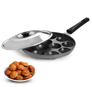 PANCA Non-Stick 12 Cavity Appam Patra Single Handle with Stainless Steel Lid, Aluminium Appam Maker, Panayirakal- Grey