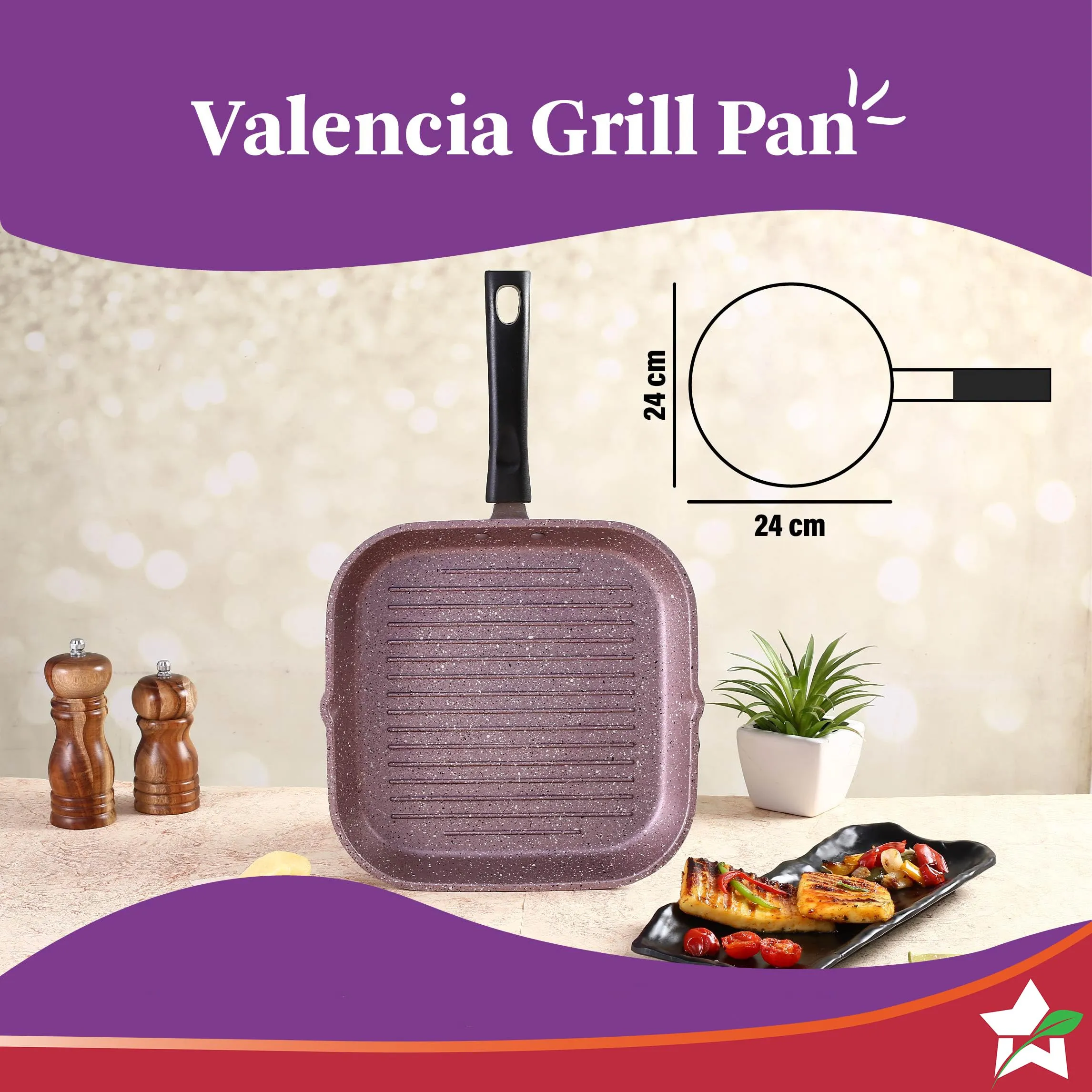 Wonderchef Valencia Non-Stick Grill Pan | Cool Touch Bakelite Handle | Pure Grade Aluminium| PFOA Free| Size 24 cm | 1.5 litres Capacity | 1 Year Warranty | Purple